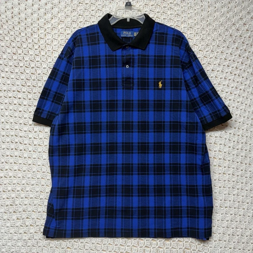 Polo Ralph Lauren Shirt Men's Sz 2XLT Tall Blue/Black Plaid Polo Shirt Short